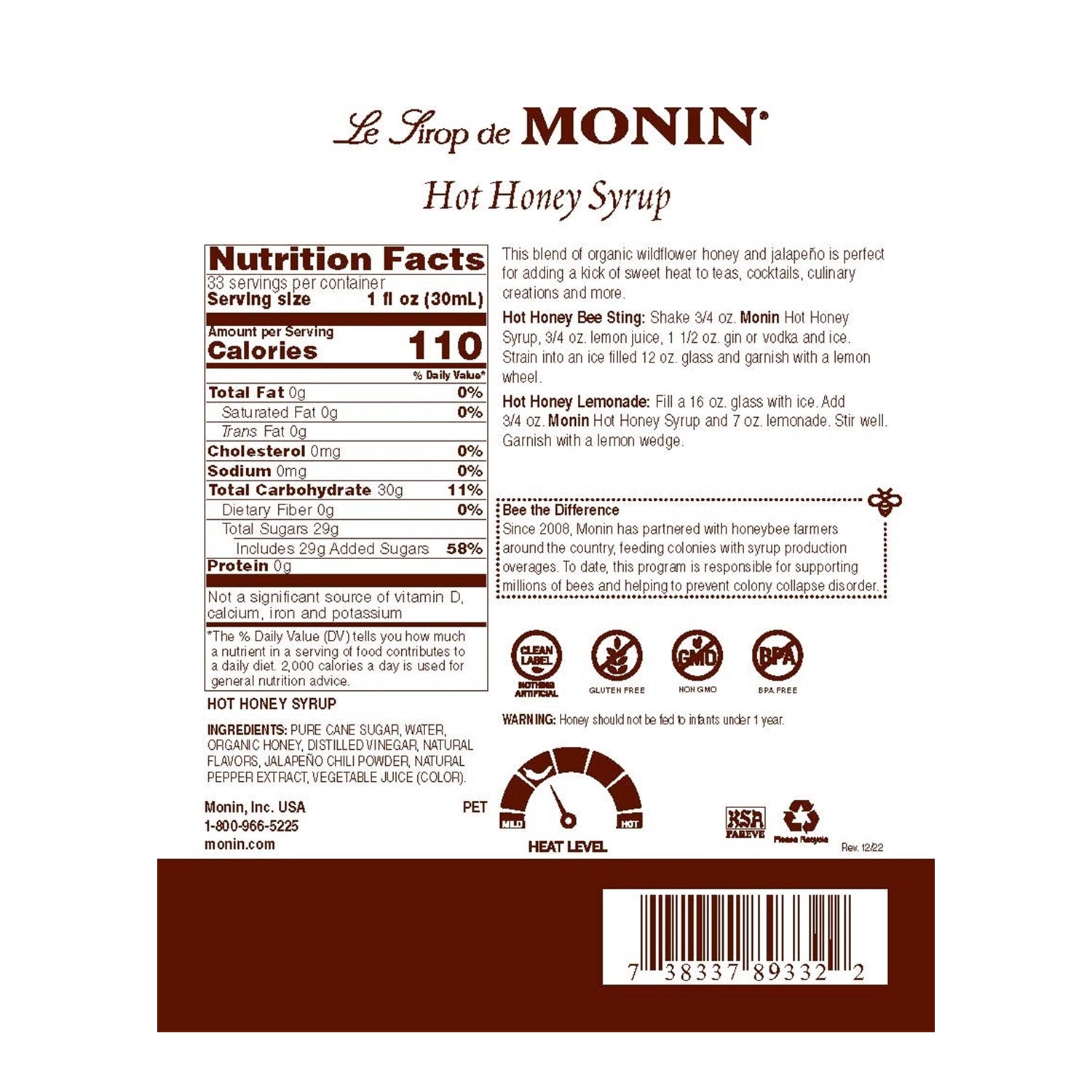 Monin Hot Honey Syrup - Bottle (1L)