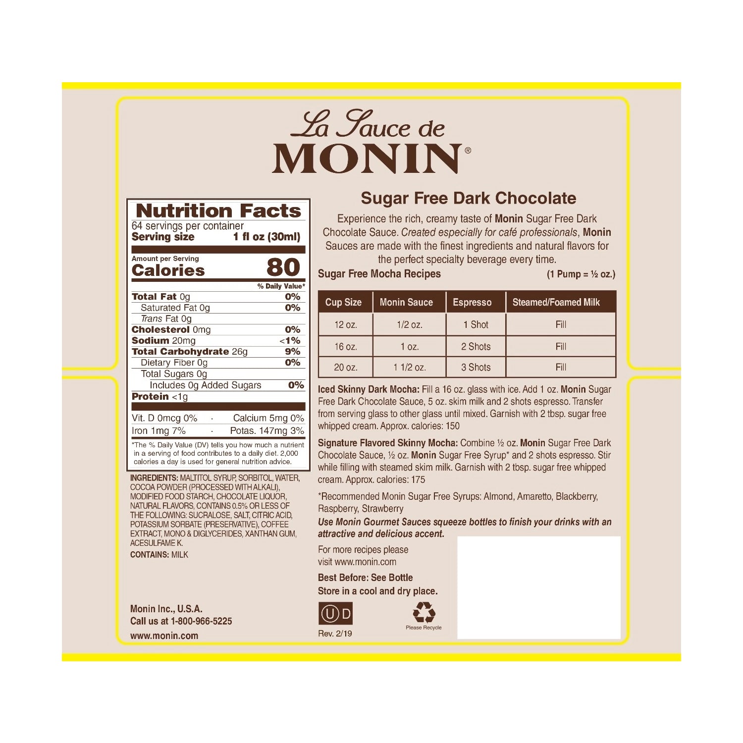 Monin Sugar free Dark Chocolate Sauce - Bottle (1.8L)