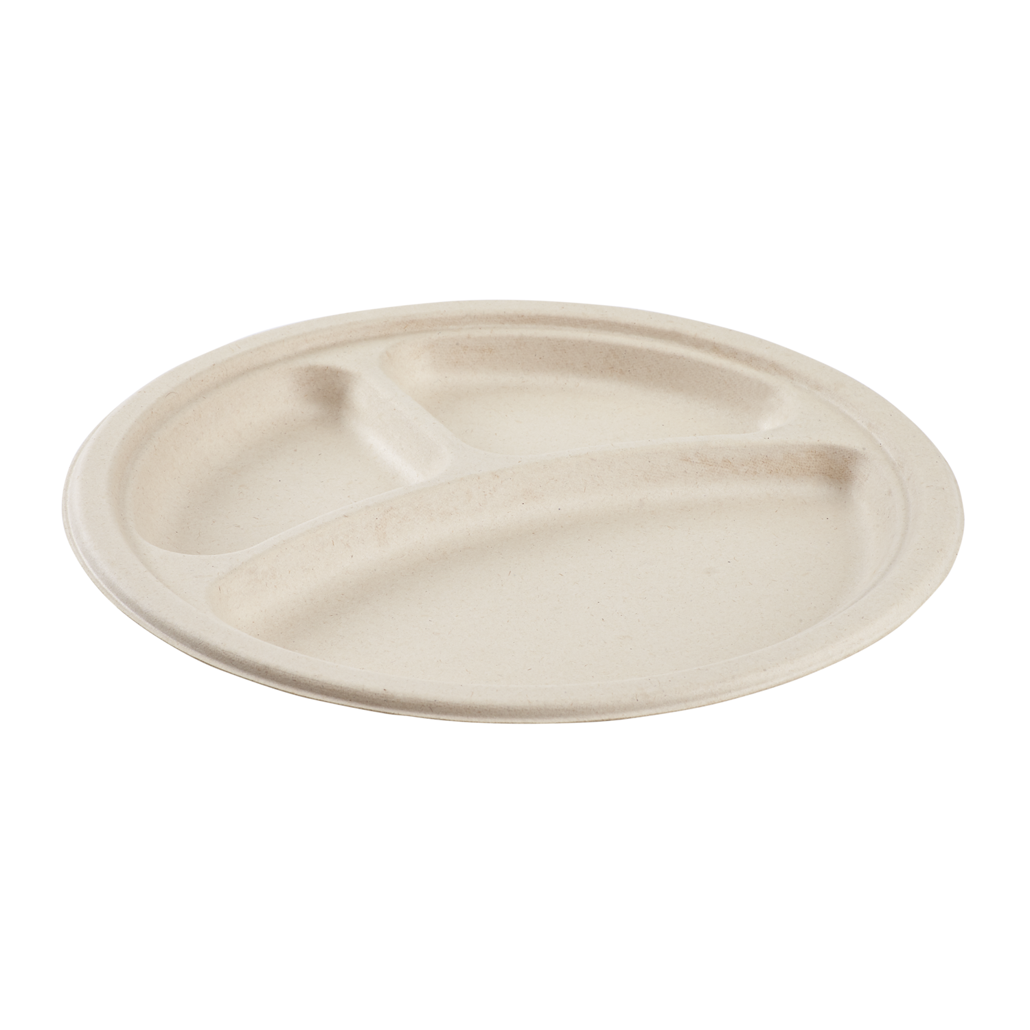 Karat Earth 10'' PFAS Free Compostable Bagasse Round Plates, Natural, 3 Compartments - 500 pcs