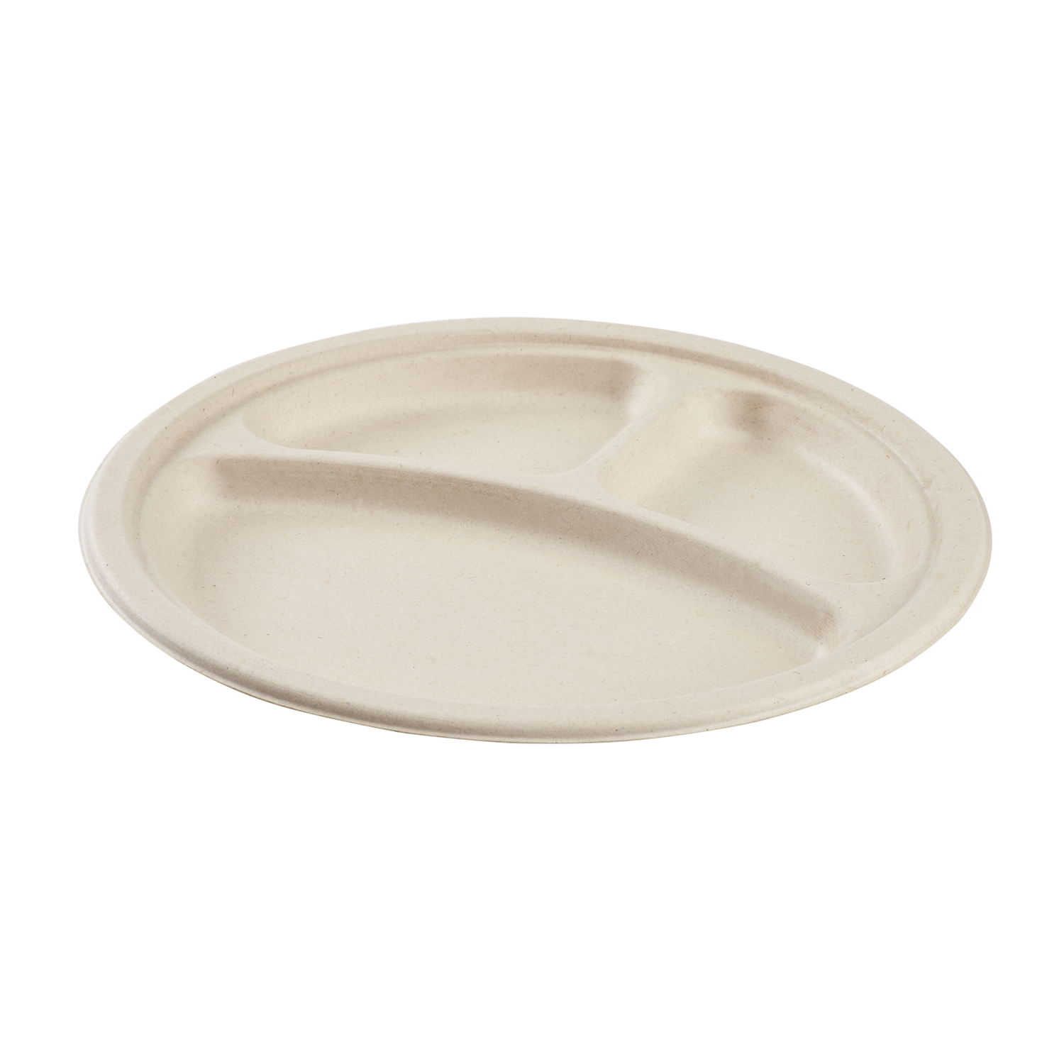 Karat Earth 10'' PFAS Free Compostable Bagasse Round Plates, Natural, 3 Compartments - 500 pcs