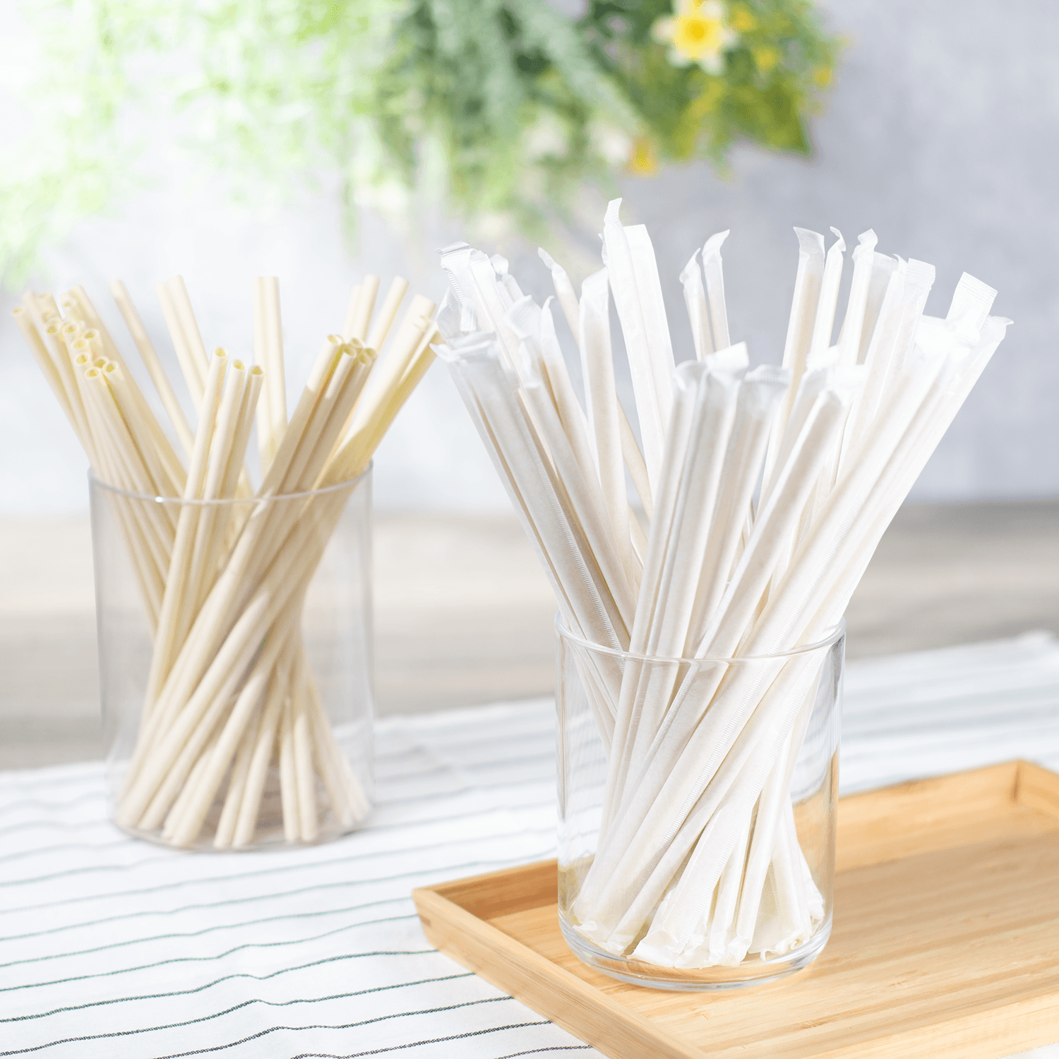 Karat Earth 9" Diagonal Cut Bamboo Fiber Jumbo Straws (6mm) Paper Wrapped, Natural - 4,000 pcs