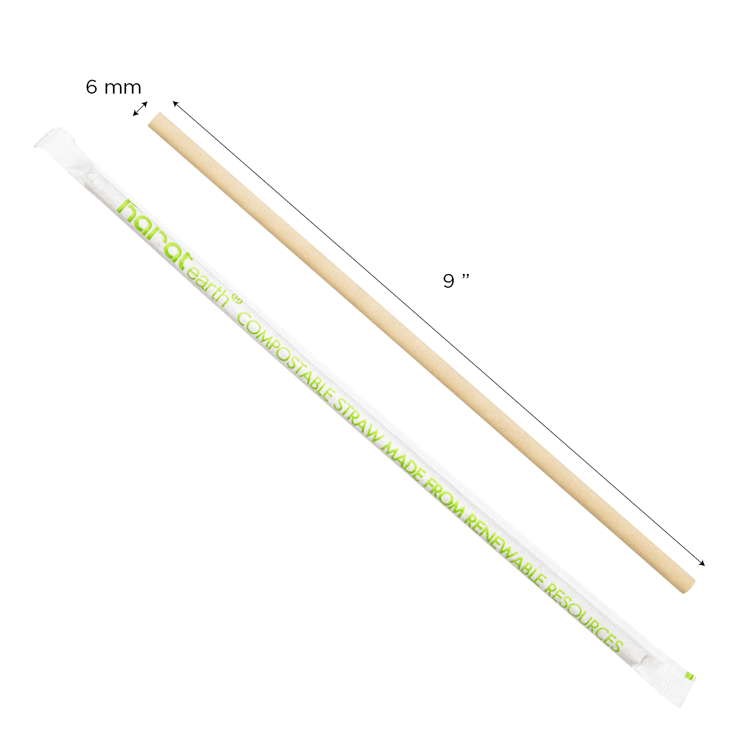 Karat Earth 9" Flat Cut Bamboo Fiber Jumbo Straws (6mm) Paper Wrapped, Natural - 4,000 pcs