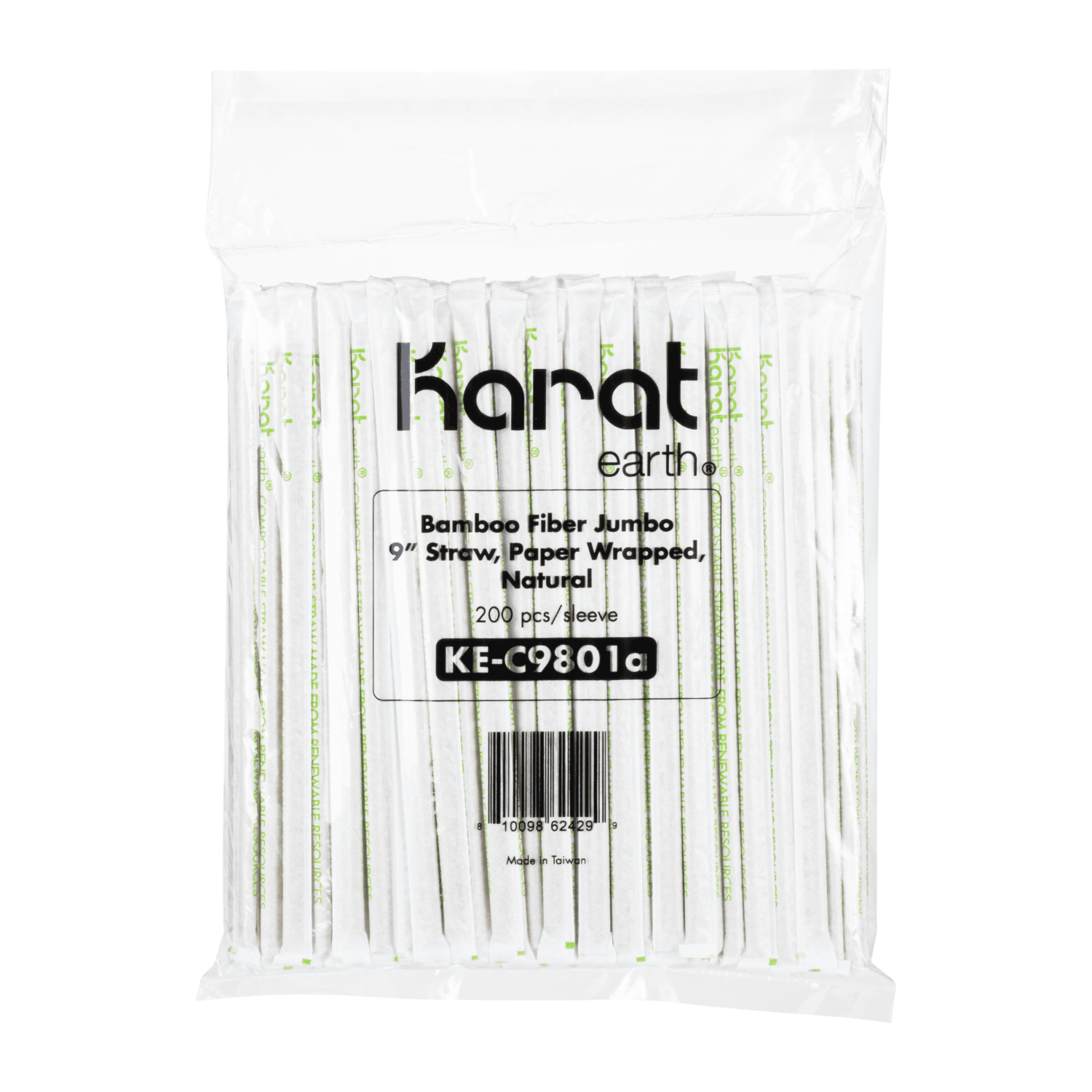 Karat Earth 9" Flat Cut Bamboo Fiber Jumbo Straws (6mm) Paper Wrapped, Natural - Bag of 200 pcs