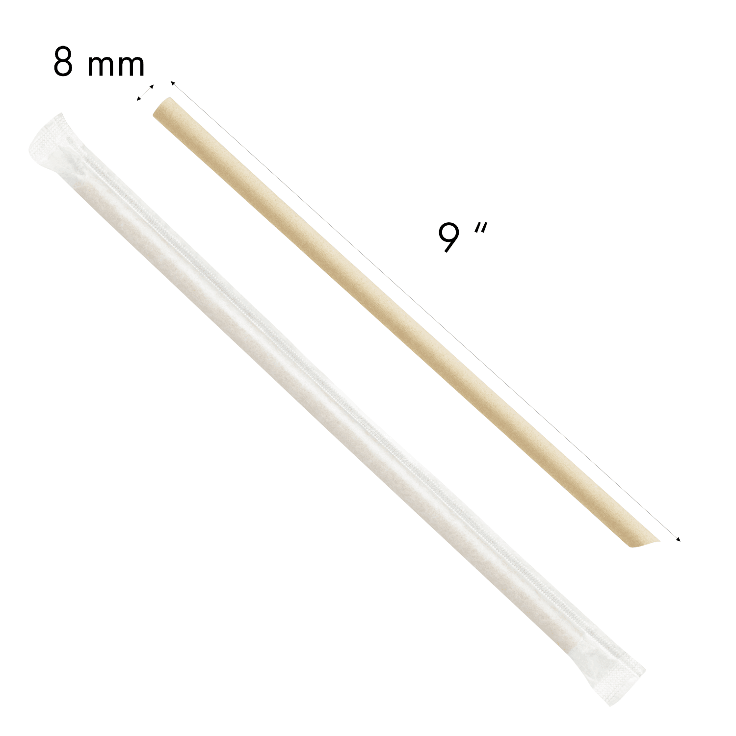 Karat Earth 9" Diagonal Cut Bamboo Fiber Giant Straws (8mm) Paper Wrapped, Natural - Bag of 150 pcs