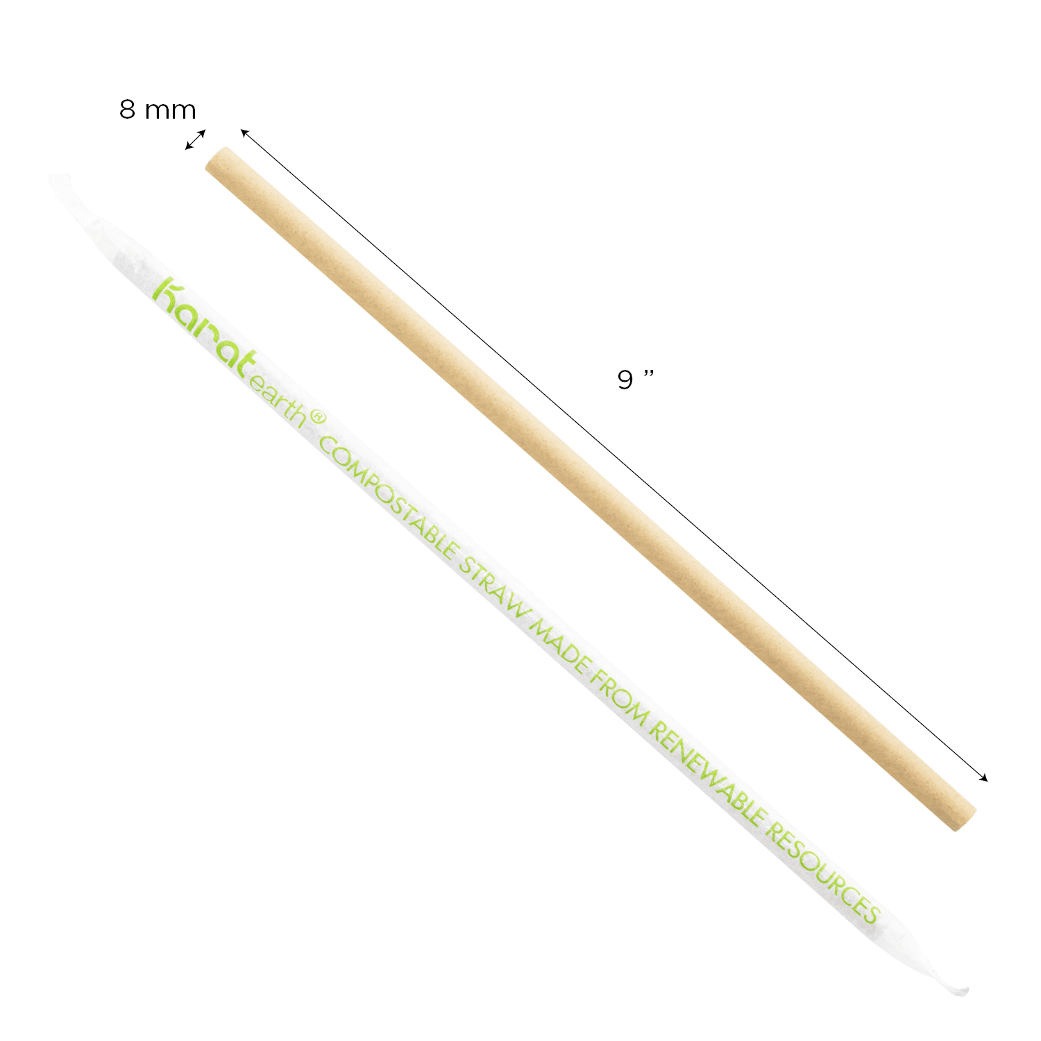 Karat Earth 9" Flat Cut Bamboo Fiber Giant Straws (8mm) Paper Wrapped, Natural - Bag of 150 pcs