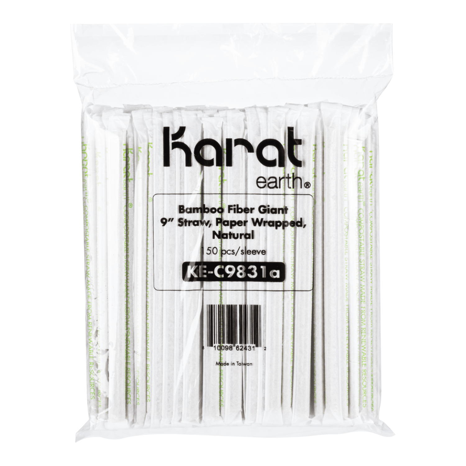 Karat Earth 9" Flat Cut Bamboo Fiber Giant Straws (8mm) Paper Wrapped, Natural - 3,000 pcs