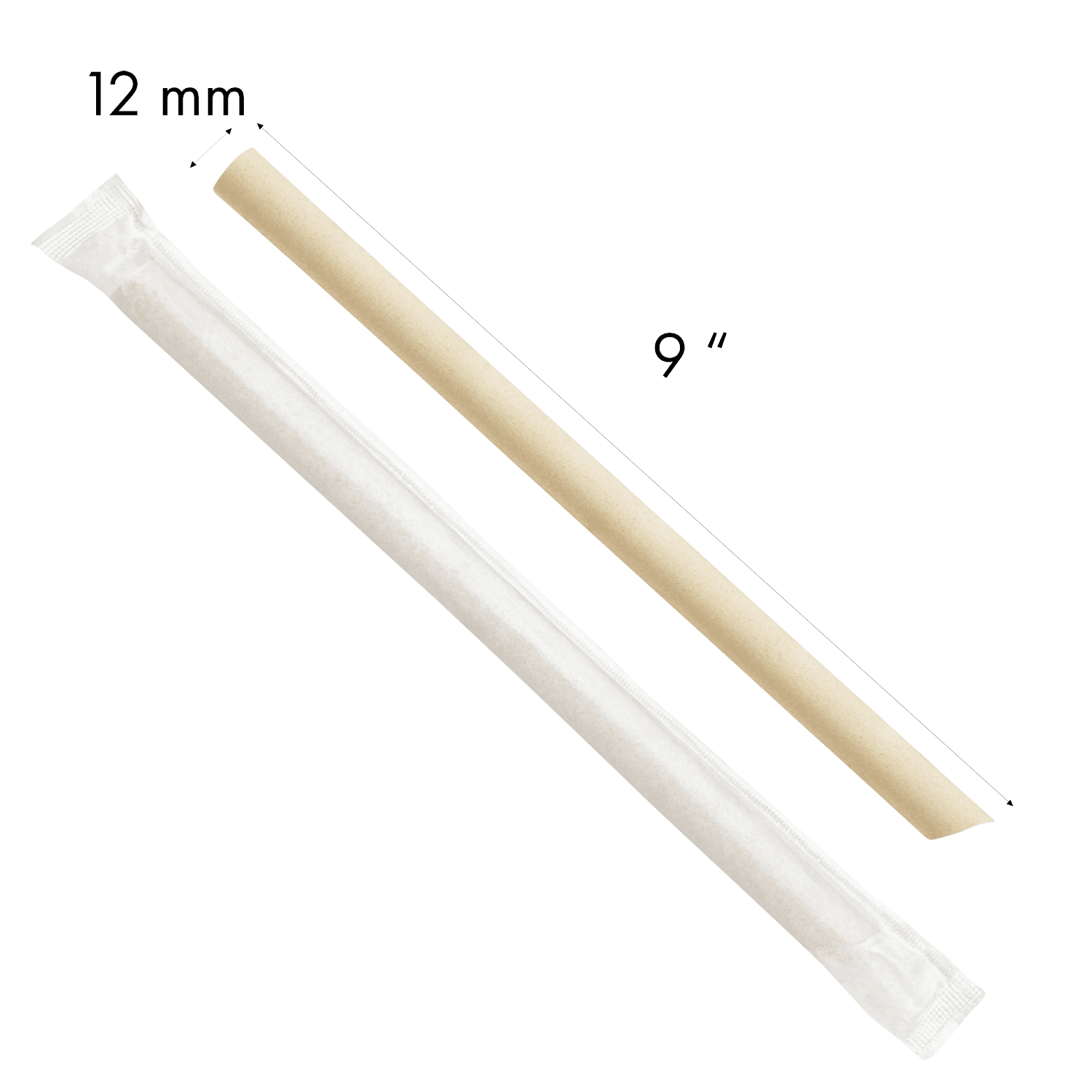 Karat Earth 9" Diagonal Cut Bamboo Fiber Colossal Straws (12mm) Paper Wrappep, Natural - Bag of 80 pcs