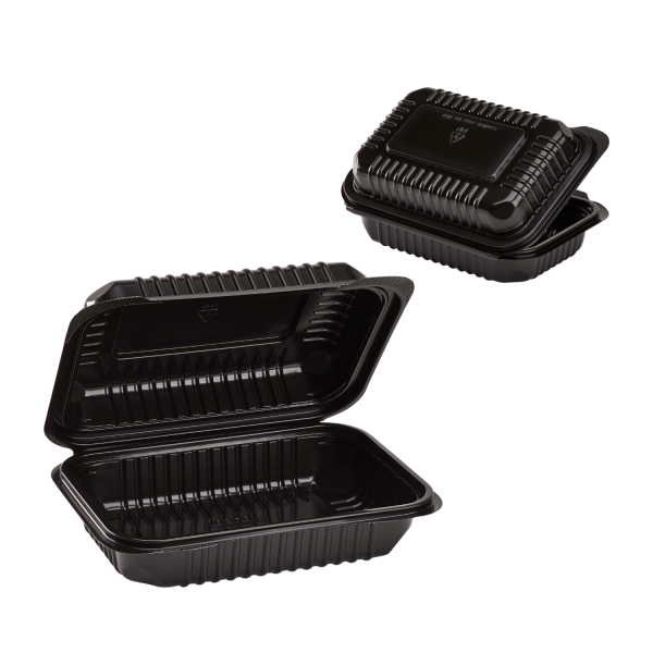 Karat 9'' x 6" PP Plastic Hinged Container, Black - 250 pcs