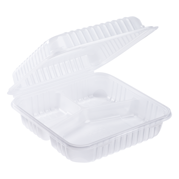 Karat 9" x 9" PP Plastic Hinged Containers, 3 Compartment - 200 pcs