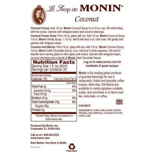 Monin Coconut Syrup - Bottle (750mL)