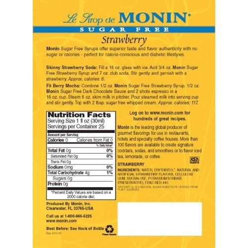 Monin Sugar Free Strawberry Syrup - Bottle (750mL)