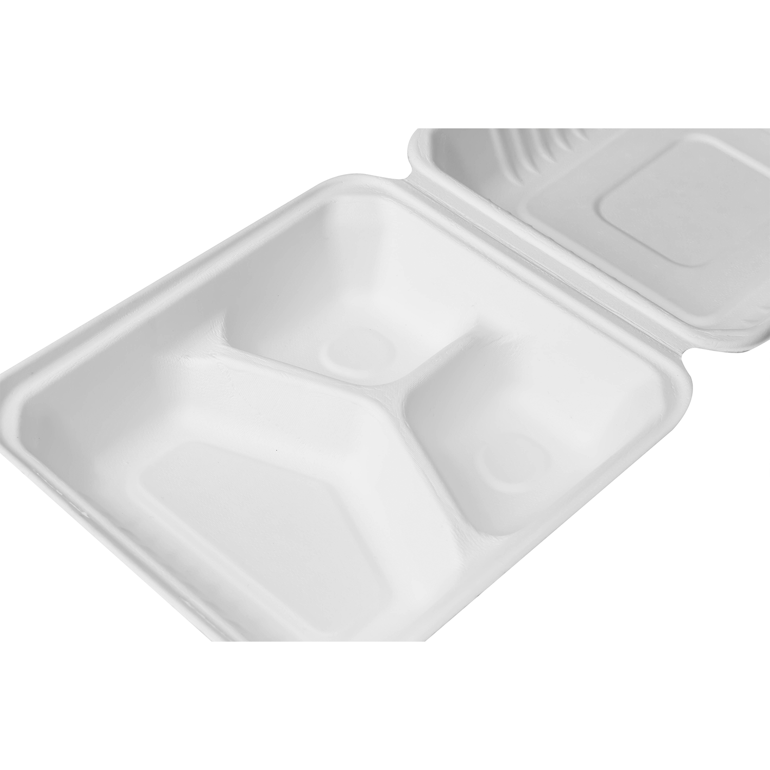 Karat Earth 8''x8'' PFAS Free Compostable Bagasse Hinged Containers, White, 3 Compartments - 200 pcs