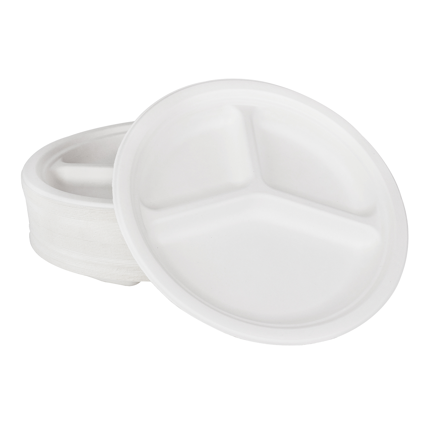 Karat Earth 10'' PFAS Free Compostable Bagasse Round Plates, White, 3 Compartments - 500 pcs