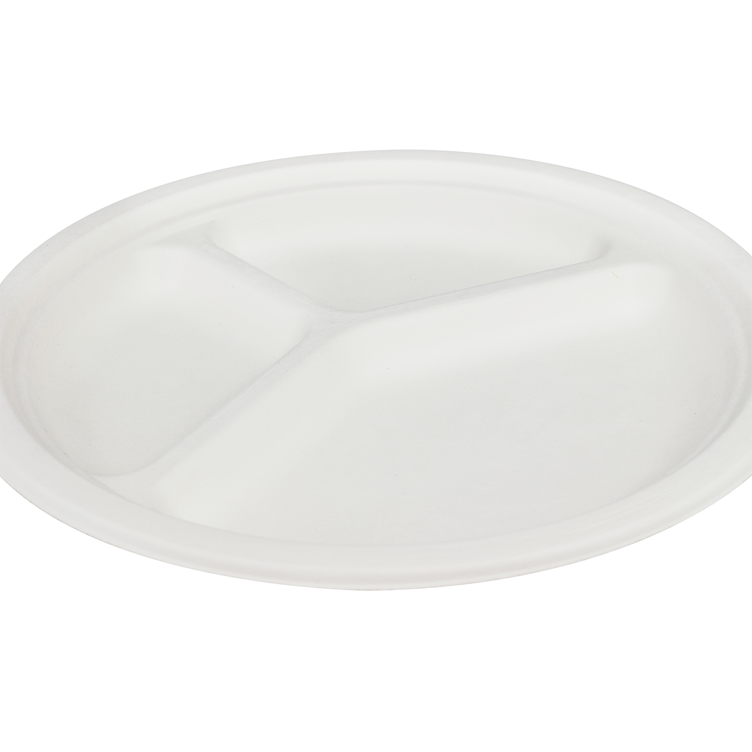 Karat Earth 10'' PFAS Free Compostable Bagasse Round Plates, White, 3 Compartments - 500 pcs