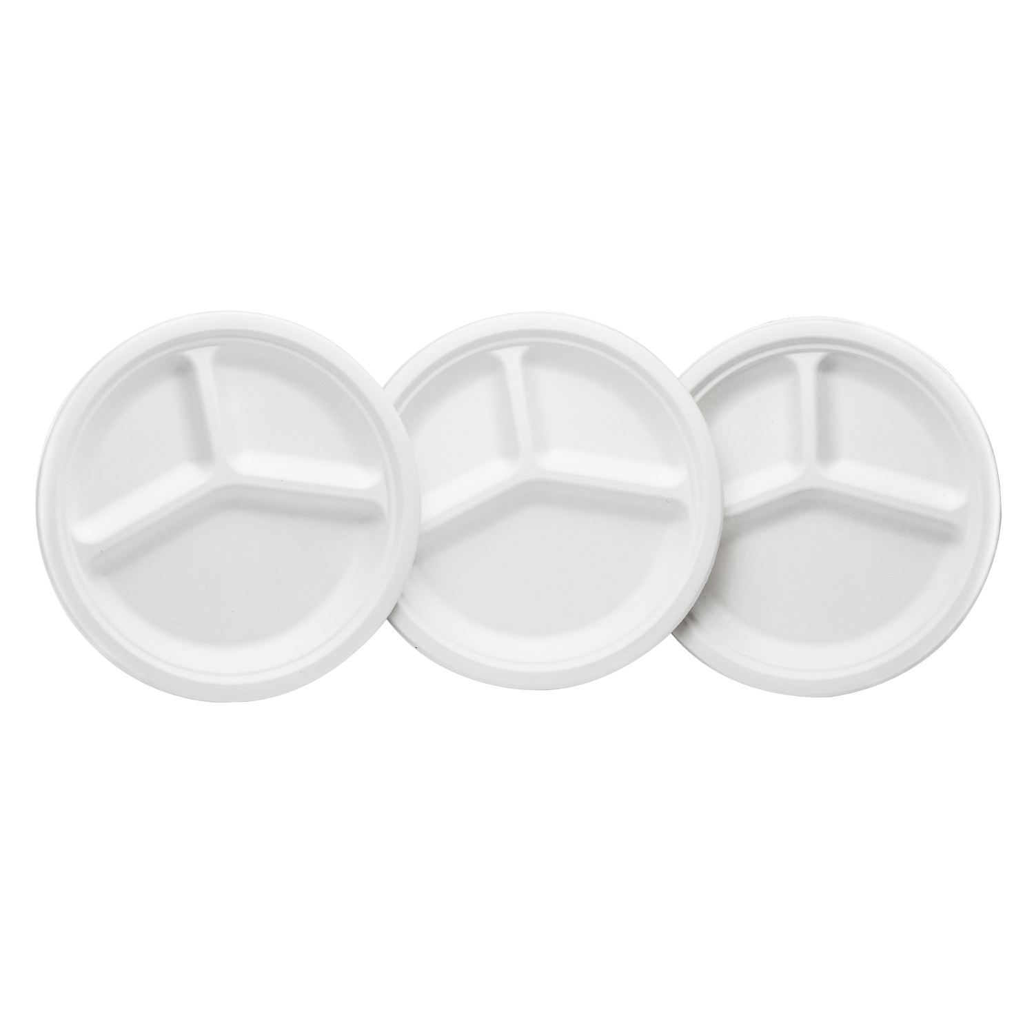 Karat Earth 10'' PFAS Free Compostable Bagasse Round Plates, White, 3 Compartments - 500 pcs