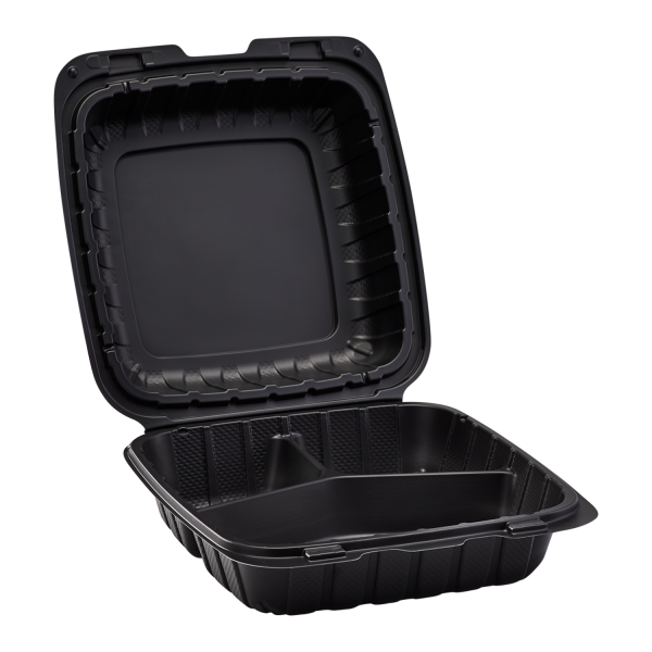 Karat Earth 8" x 8" Mineral Filled PP Hinged Container, Black, 3 compartments - 200 pcs