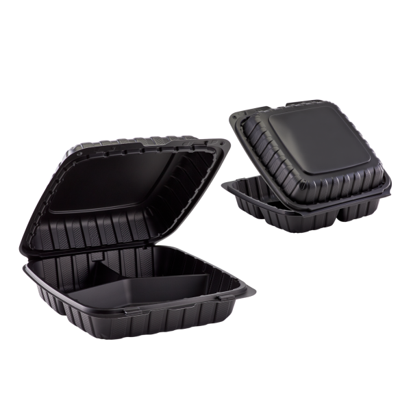 Karat Earth 9" x 9" Mineral Filled PP Hinged Container, Black, 3 compartments - 120 pcs
