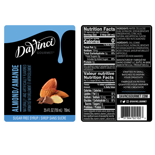 DaVinci Gourmet Sugar Free Almond Syrup - Bottle (750mL)