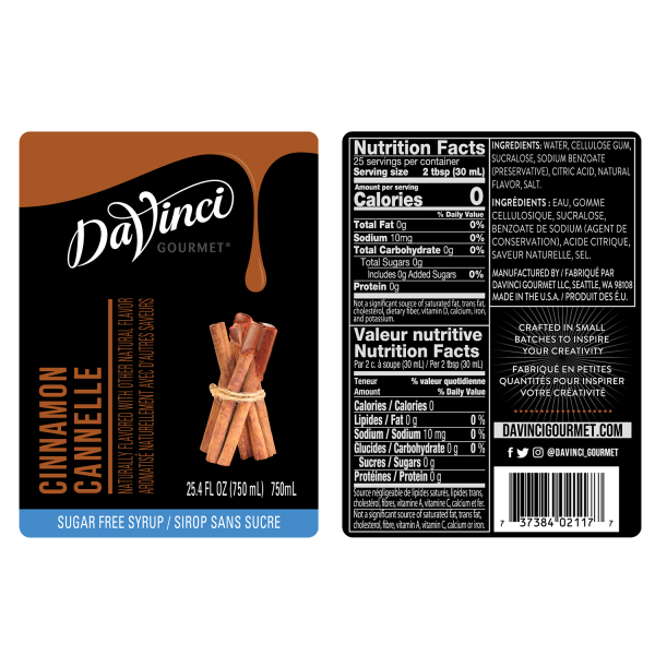 DaVinci Sugar Free Cinnamon Syrup - Bottle (750mL)
