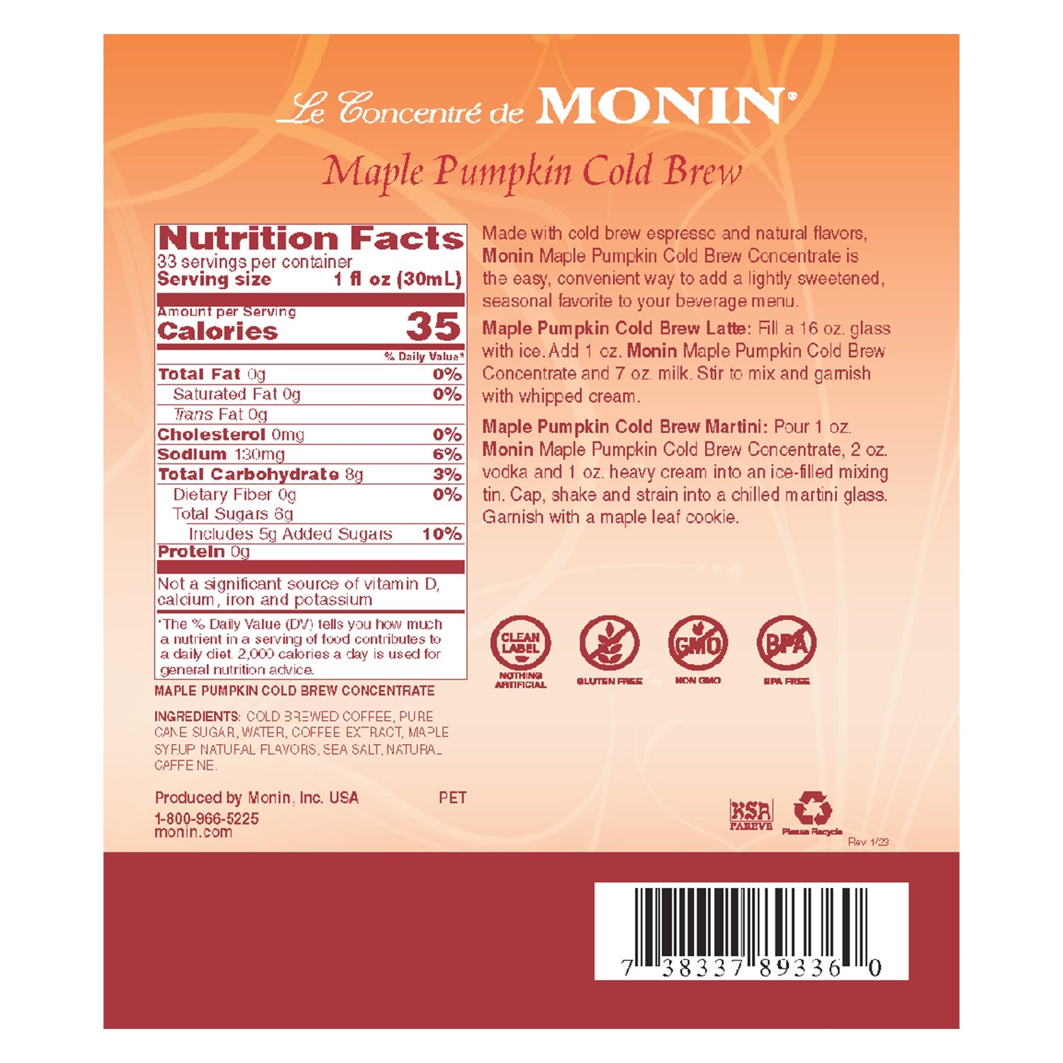 Monin Maple Pumpkin Cold Brew Concentrate - Bottle (1L)