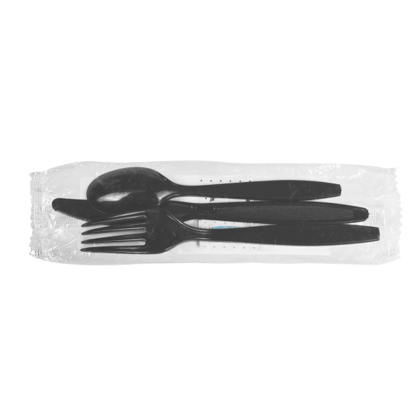 Karat PS Plastic Heavy Weight Cutlery Kits with Salt and Pepper, Black - 250 kits